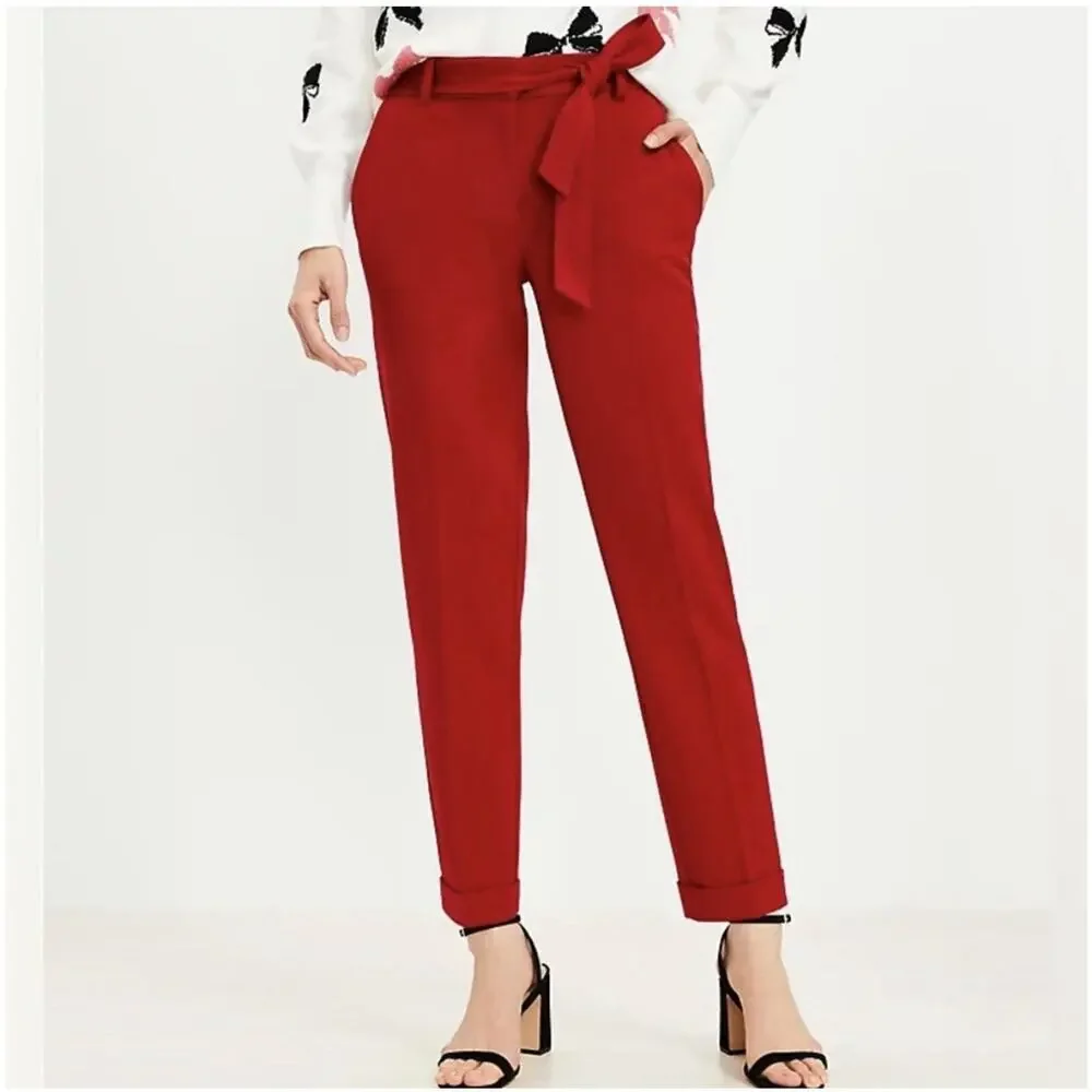 LOFT Devin Slim Pants Women's 8 Petite Red Tie Waist Straight Leg Stretch Cuffed - Picture 1 of 13